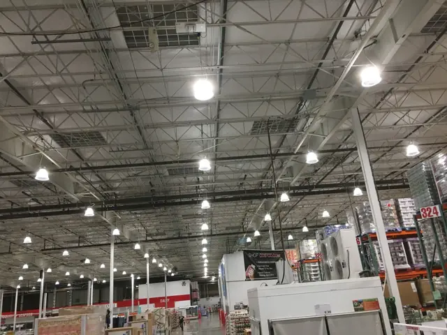 Rows of new LED high-bay fixtures lighting the Costco warehouse in Folsom