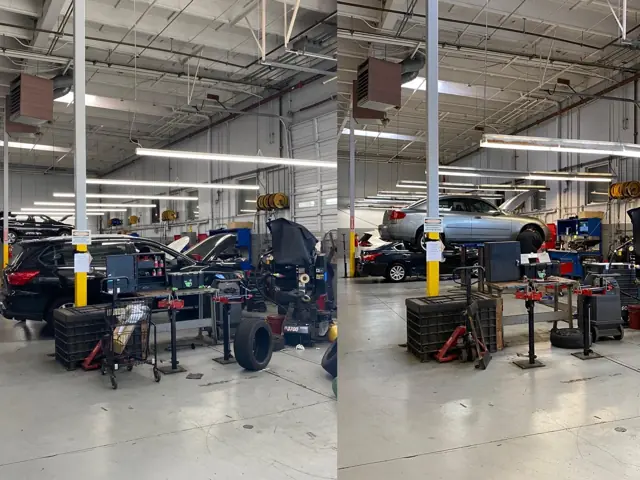 Before (left) and after (right) LED retrofit in the Mossy Nissan Oceanside service shop